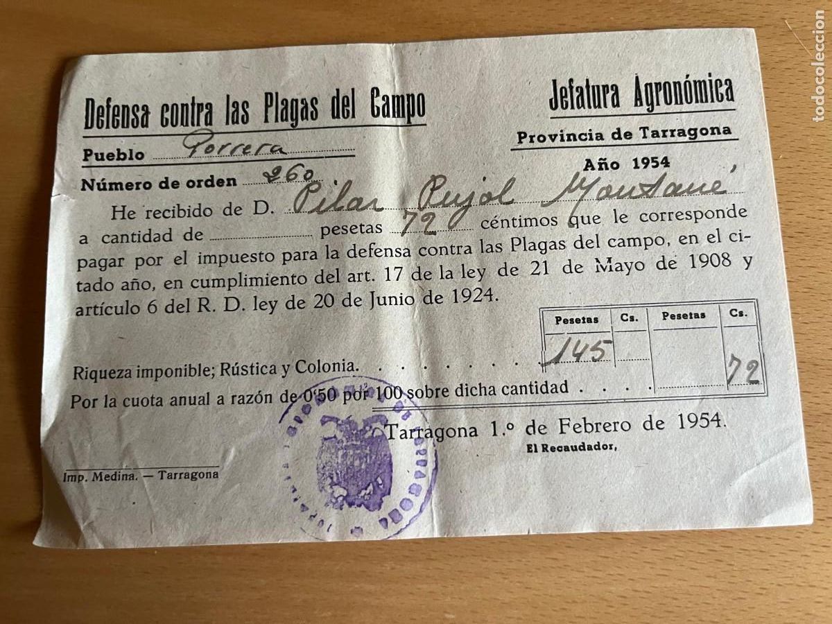 Documentos antiguos: defensa contra las plagas Tarragona 1954 Porrera