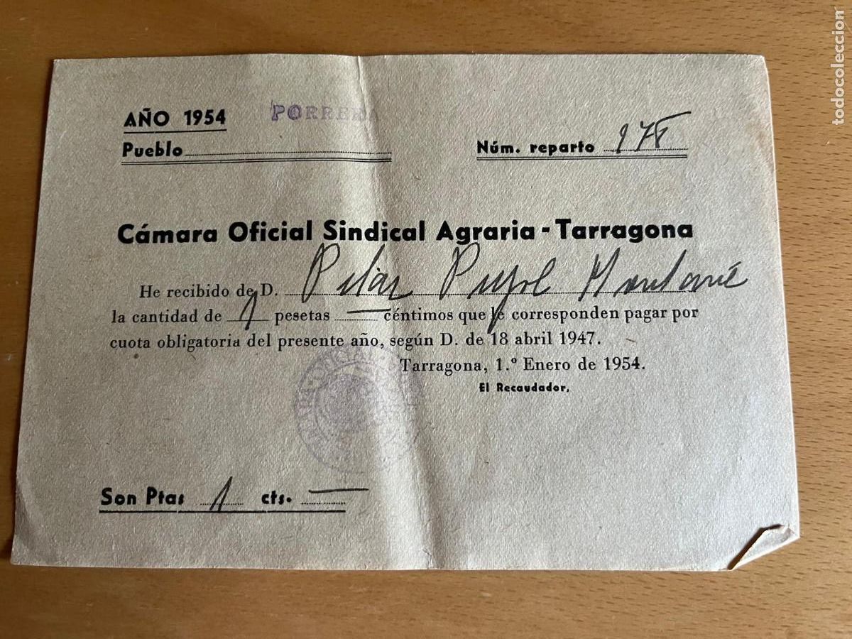 Documentos antiguos: c&aacute;mara oficial sindical Tarragona 1954 Porrera