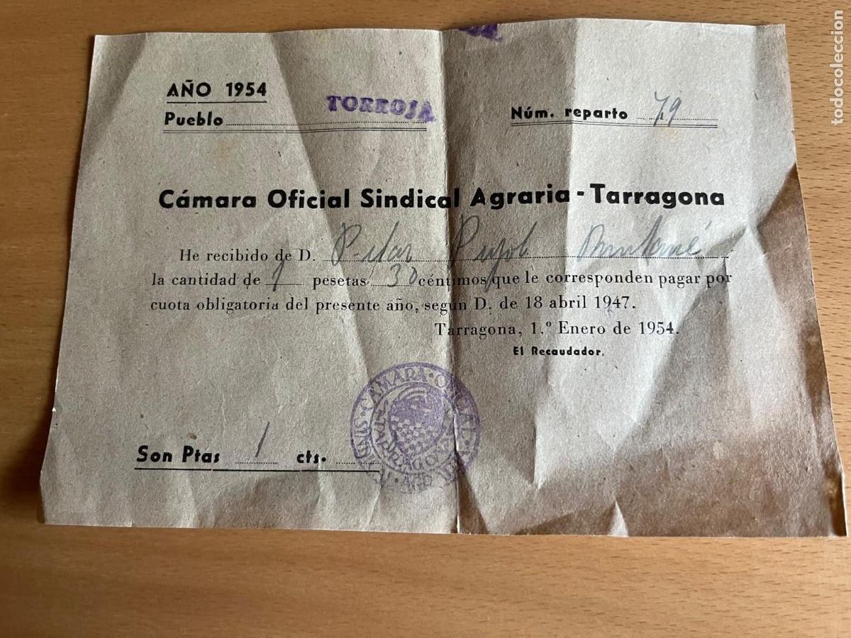 Documentos antiguos: c&aacute;mara oficial sindical Tarragona Torroja 1954