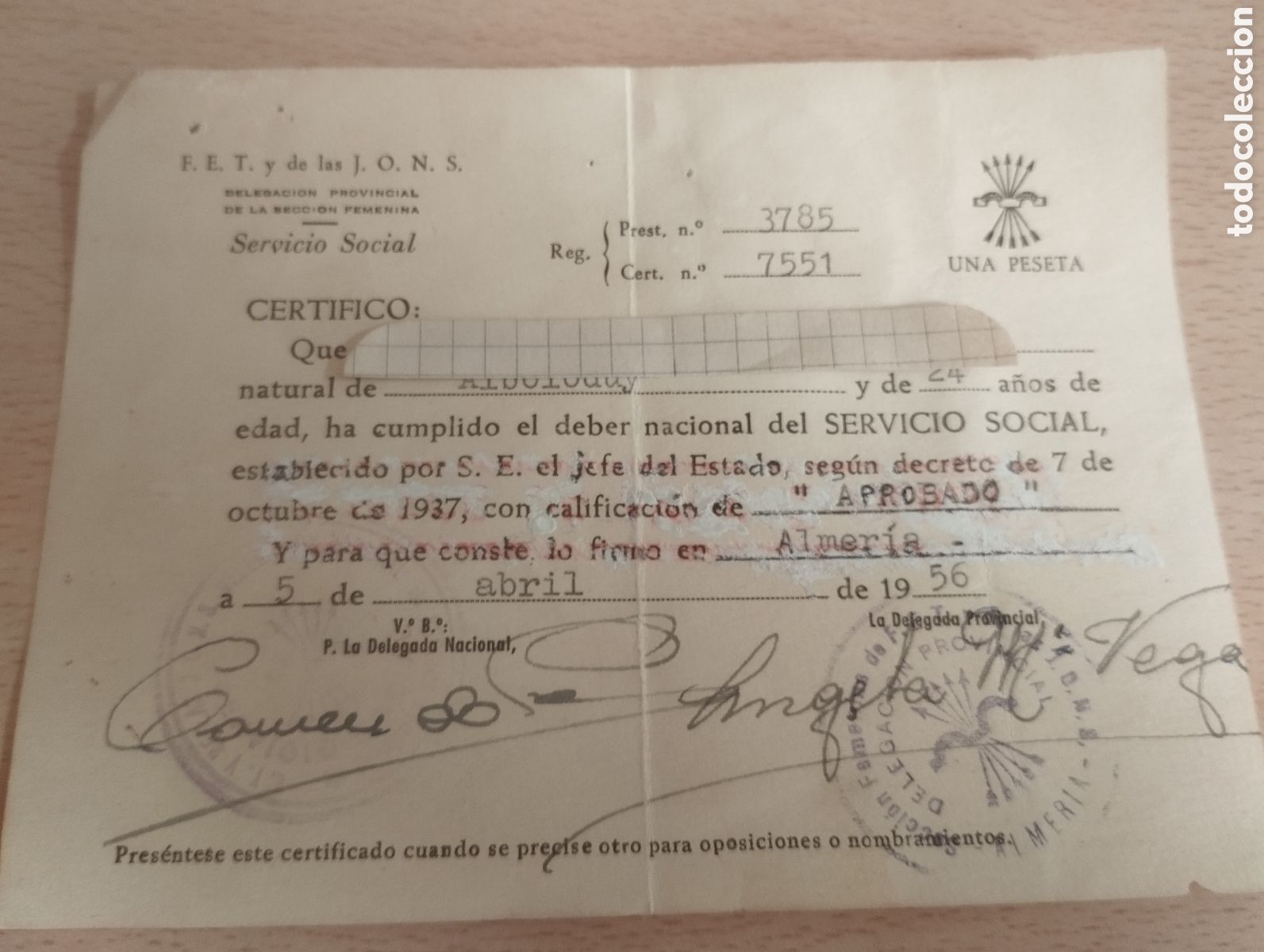 Documentos antiguos: ALMER&Iacute;A FALANGE ESPA&Ntilde;OLA SECCION FEMENINA CERTIFICADO DEL SERVICIO SOCIAL A&Ntilde;O 1956