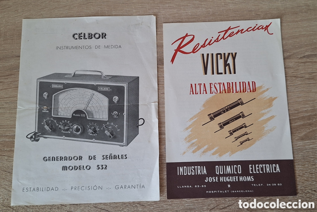 Documentos antiguos: Antigua Pareja Folletos Publicitarios Generador de Se&ntilde;ales Celbor - Resistencias Vicky