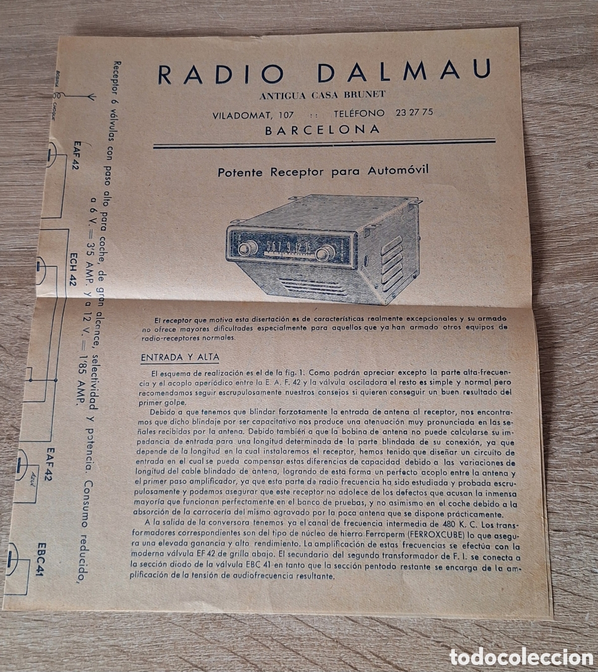 Documentos antiguos: Antiguo Folleto Publicitario Receptor Radio Autom&oacute;vil - Radio Dalmau - Casa Brunet - Barcelona -