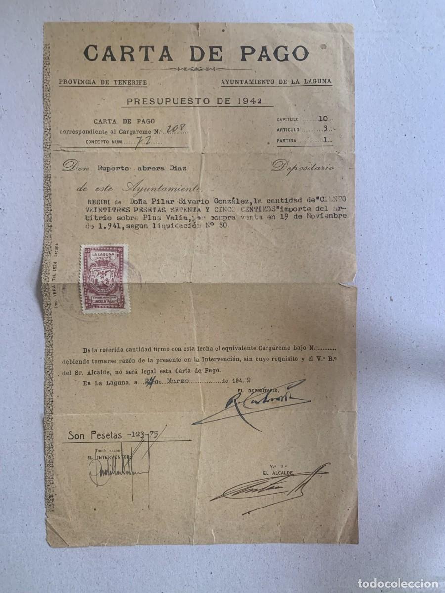 Documentos antiguos: Carta de pago de 1943 Ayuntamiento de La Laguna Tenerife