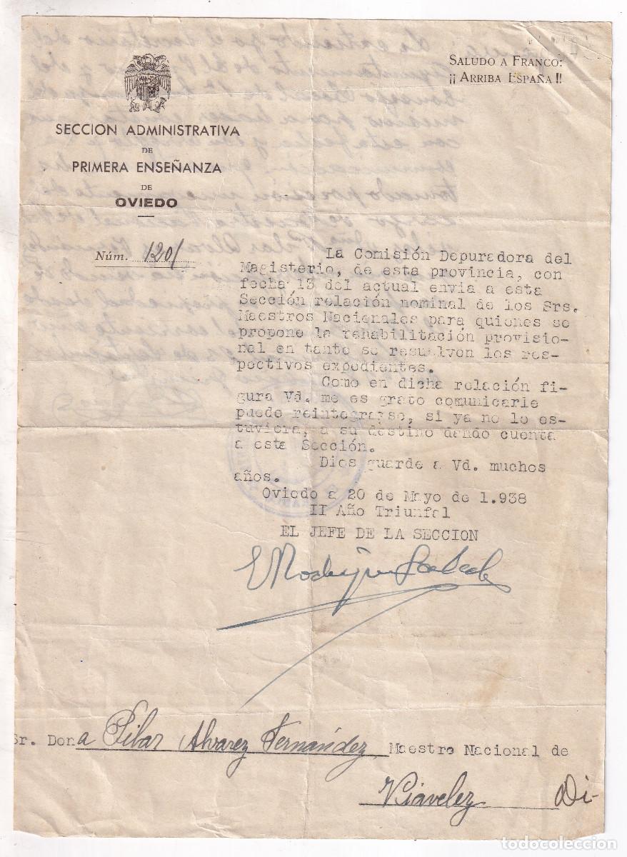 Documentos antiguos: COMISI&Oacute;N DEPURADORA DEL MAGISTERIO. REHABILITACI&Oacute;N DE UNA MAESTRA DE VIAV&Eacute;LEZ. 1938. ASTURIAS