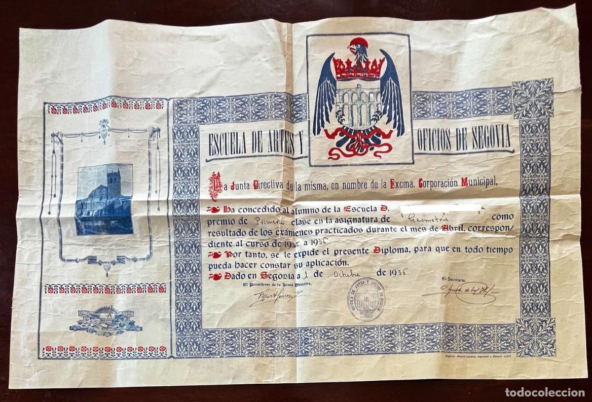 Documentos antiguos: Diploma antiguo de la Escuela de Artes y Oficios de Segovia, 1 DE OCTUBRE DE 1936, plena guerra civi