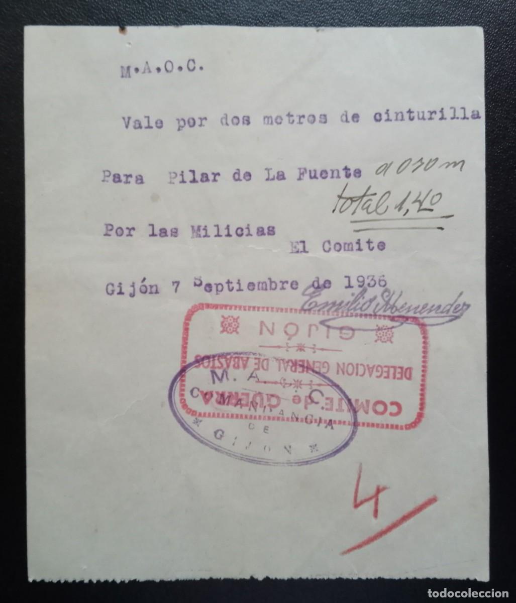 Documentos antiguos: ASTURIAS. Vale de las MAOC, Comandancia de Gij&oacute;n. 7 Setiembre 1936. Guerra civil.