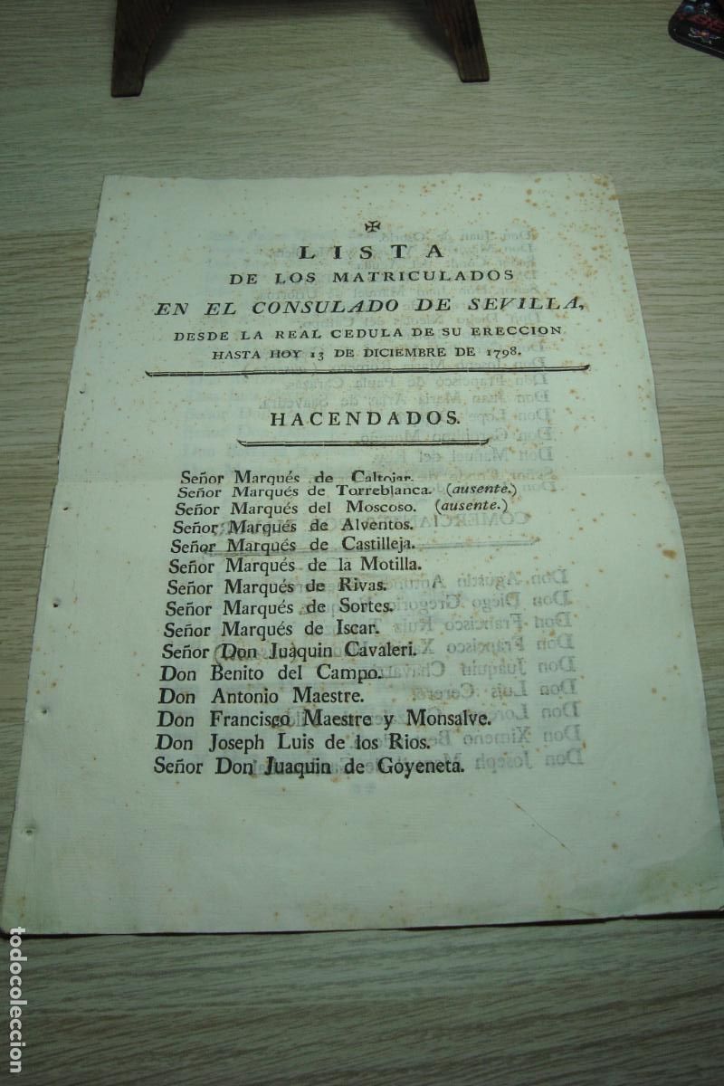 Documentos antiguos: LISTA DE MATRICULADOS EN CONSULADO DE SEVILLA 1798. COMERCIANTES. HACENDADOS. MERCADERES. NAVIEROS.