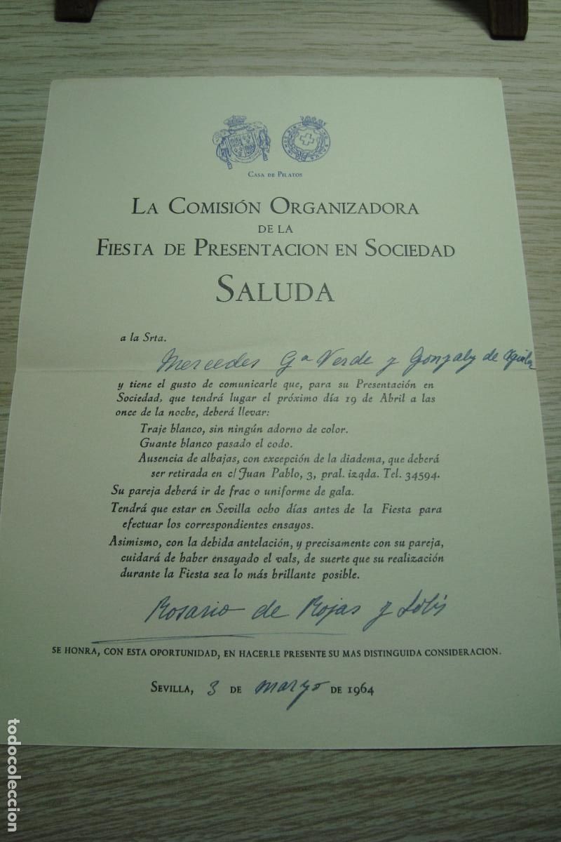 Documentos antiguos: ANTIGUA INVITACION FIESTA PRESENTACION EN SOCIEDAD. CASA PILATOS SEVILLA 1964. ROSARIO ROJAS SOLIS.