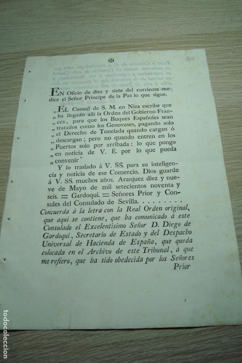 Documentos antiguos: REAL ORDEN IMPUESTOS COMERCIO CARGA DESCARGA BUQUES ESPA&Ntilde;OLES CONSUL DE NIZA. SEVILLA 1796