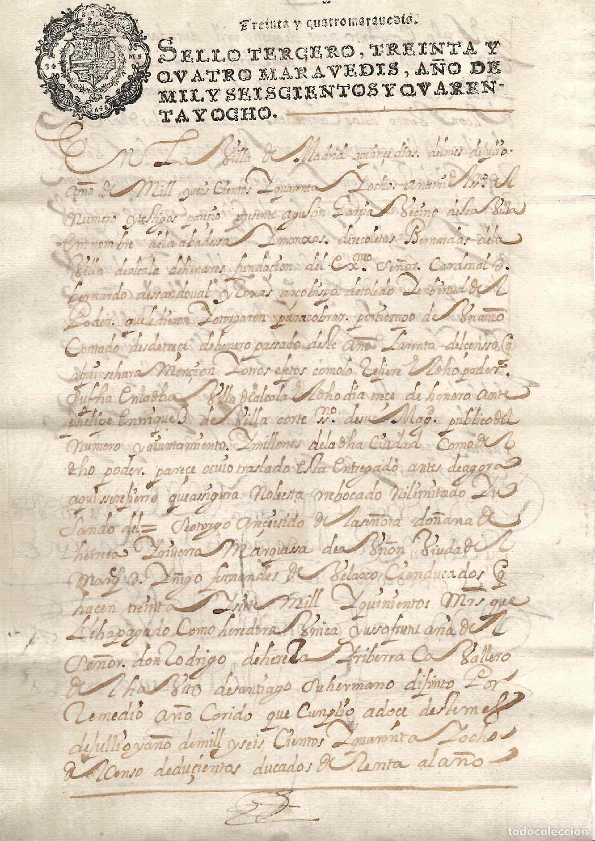 Documentos antiguos: HOJA PAPEL TIMBRADO SELLO TERCERO TREINTA Y CUATRO MARAVEDIS, A&Ntilde;O 1648