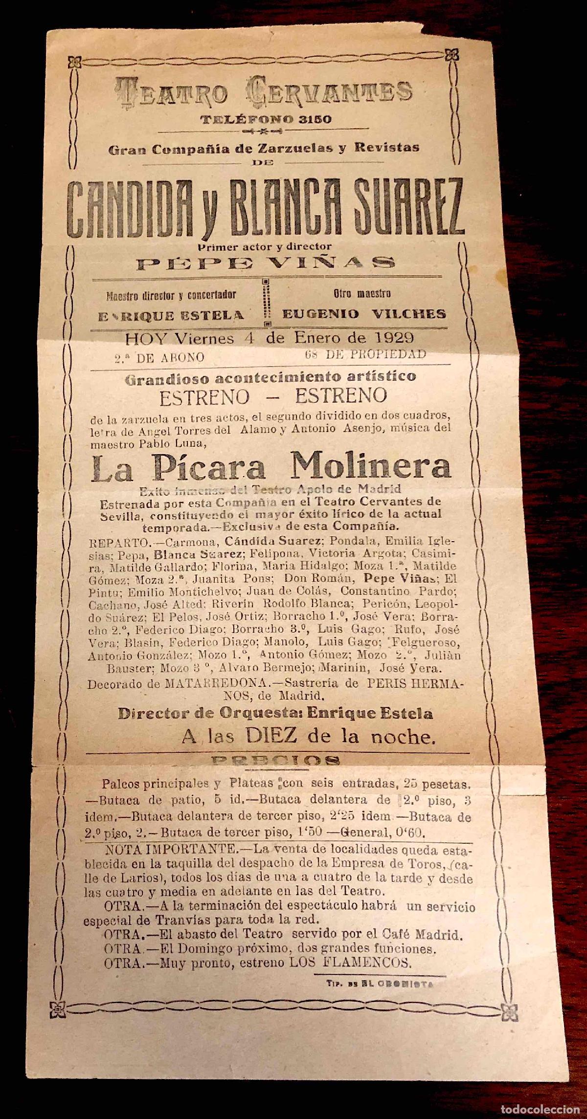 Documentos antiguos: TEATRO CERVANTES GRAN COMPA&Ntilde;IA DE ZARZUELAS DE CANDIDA Y BLANCA SUAREZ. 4 DE ENERO DE 1929