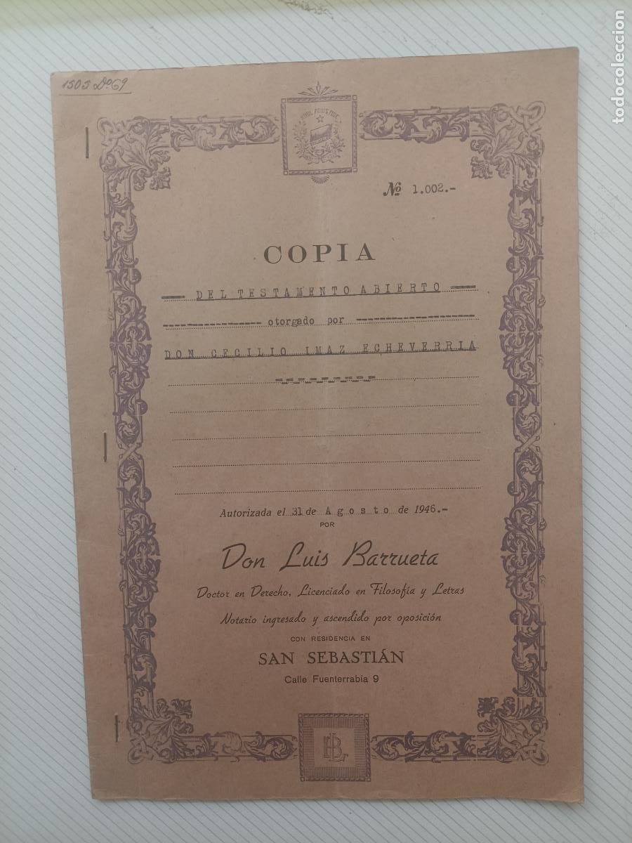 Documentos antiguos: San Sebasti&aacute;n. Testamento 1946. Luis Barrueta notario