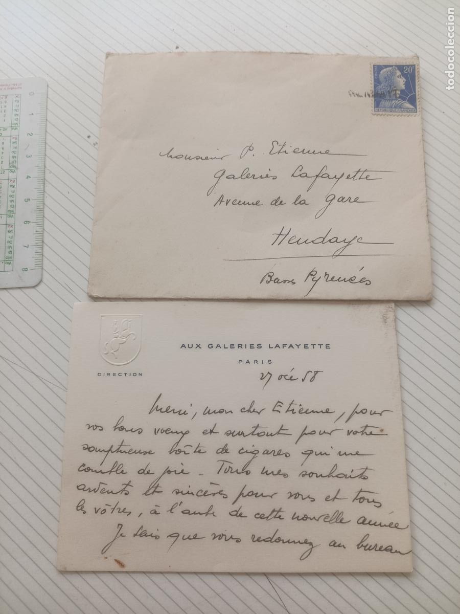 Documentos antiguos: Galer&iacute;as Lafayette, sobre con tarjeta de la direcci&oacute;n
