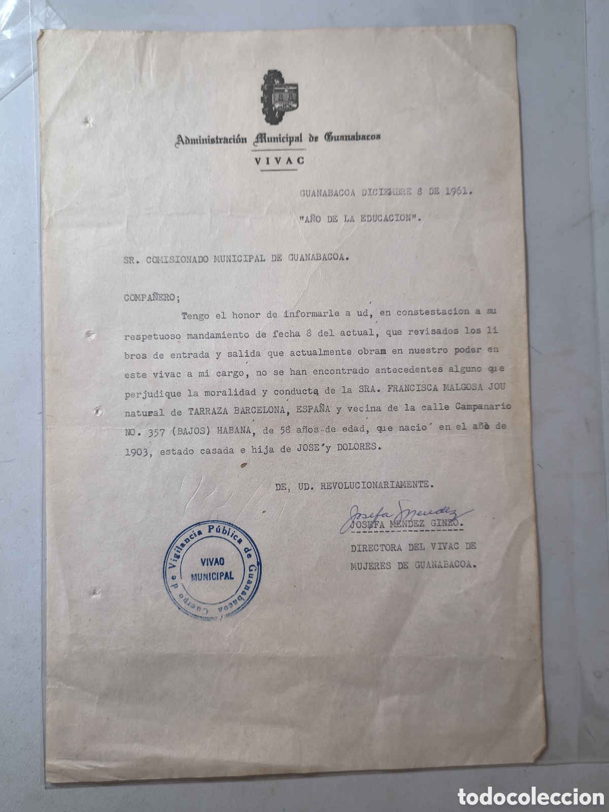 Documentos antiguos: Cuba, solicitud antecedentes a espa&ntilde;ola en el vivac de Guanabacoa,a&ntilde;o 1961