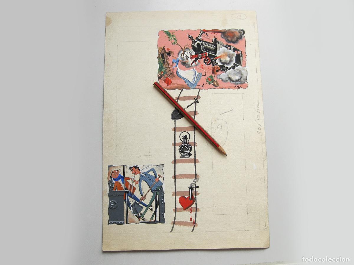 Documentos antiguos: DIBUJO ORIGINAL EN ACUARELA DE UN FOGONERO DE LOCOMOTORA. FERROCARRILES. DIBUJANTE MAYO