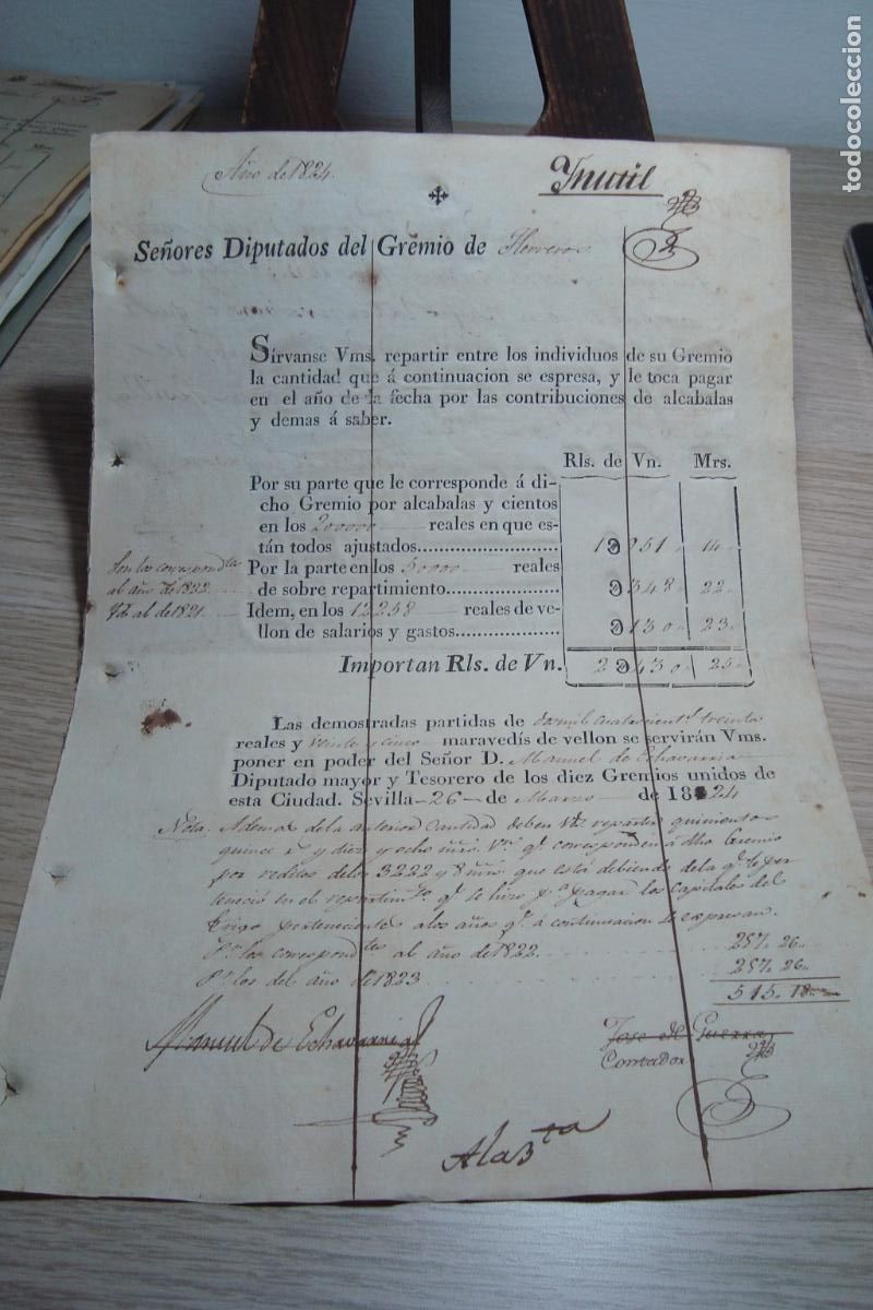 Documentos antiguos: PLIEGO CUENTAS DE CONTRIBUCIONES DIPUTADOS DEL GREMIO DE HERREROS. SEVILLA 1824.