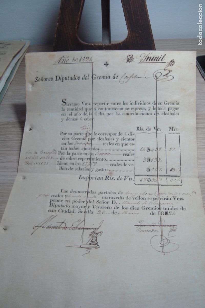 Documentos antiguos: PLIEGO CUENTAS DE CONTRIBUCIONES DIPUTADOS DEL GREMIO DE CONFITEROS. SEVILLA 1824.