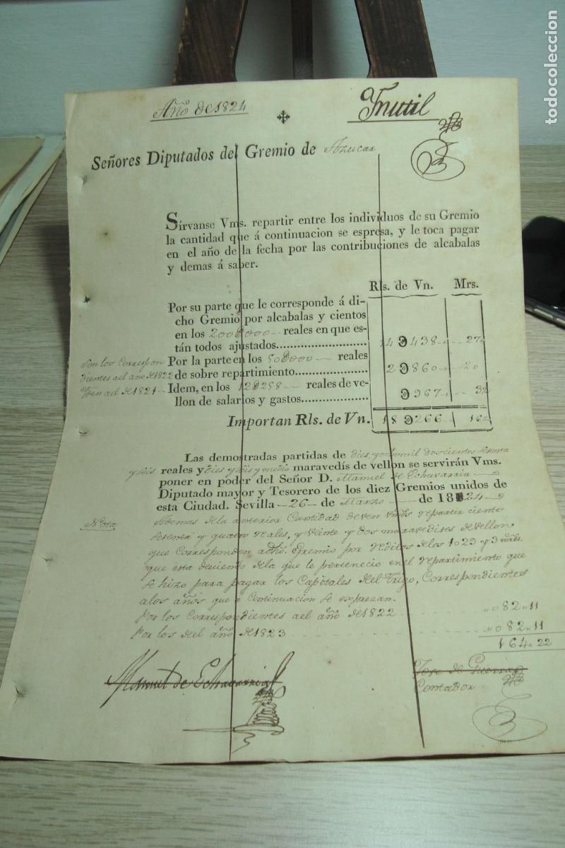 Documentos antiguos: PLIEGO CUENTAS DE CONTRIBUCIONES DIPUTADOS DEL GREMIO DEL AZUCAR. SEVILLA 1824.