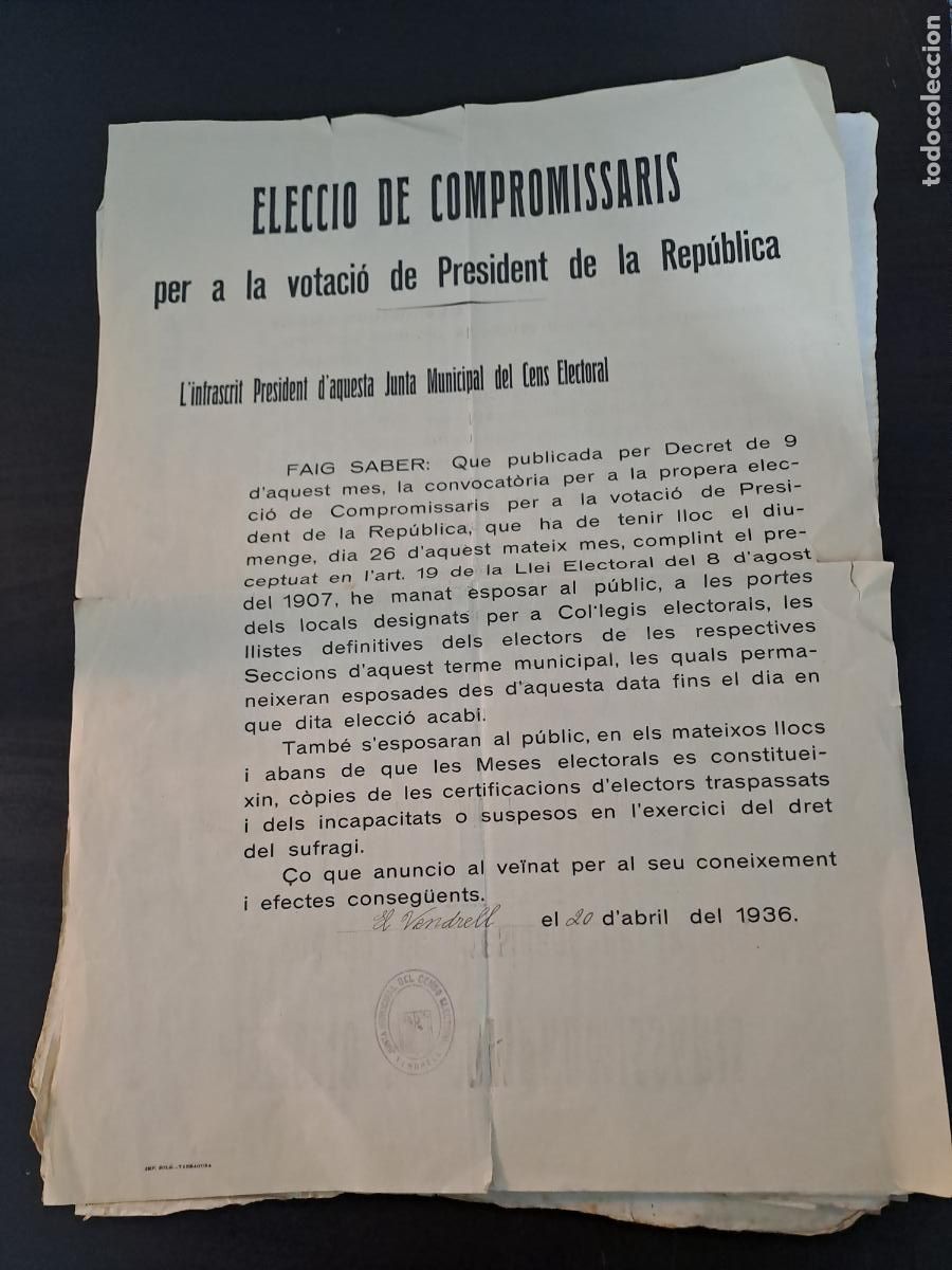 Documentos antiguos: EL VENDRELL-BAND-ELECCIO COMPROMISARIS PER LA VOTACIO DE PRESIDENT DE LA REPUBLICA