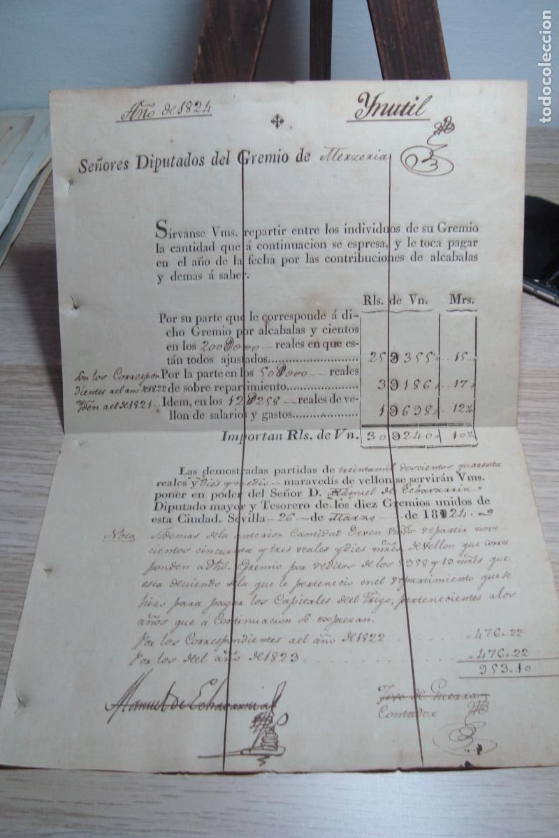 Documentos antiguos: PLIEGO CUENTAS DE CONTRIBUCIONES DIPUTADOS DEL GREMIO DE MERCERIA. SEVILLA 1824.