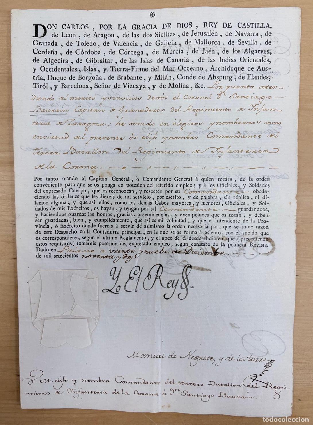 Documentos antiguos: FIRMA REAL DE CARLOS IV CON NOMBRAMIENTO MILITAR A SANTIAGO BARRA&Iacute;N. MADRID, 1792