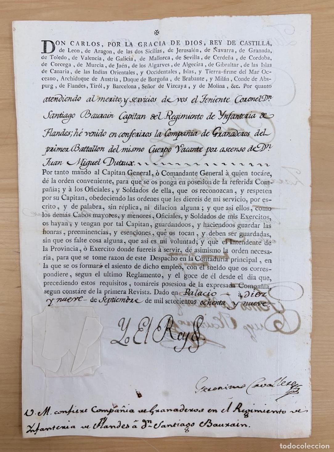 Documentos antiguos: FIRMA REAL Y NOMBRAMIENTO DE COMPA&Ntilde;&Iacute;A DE GRANADEROS A SANTIAGO BARRA&Iacute;N POR CARLOS IV. PALACIO, 1789