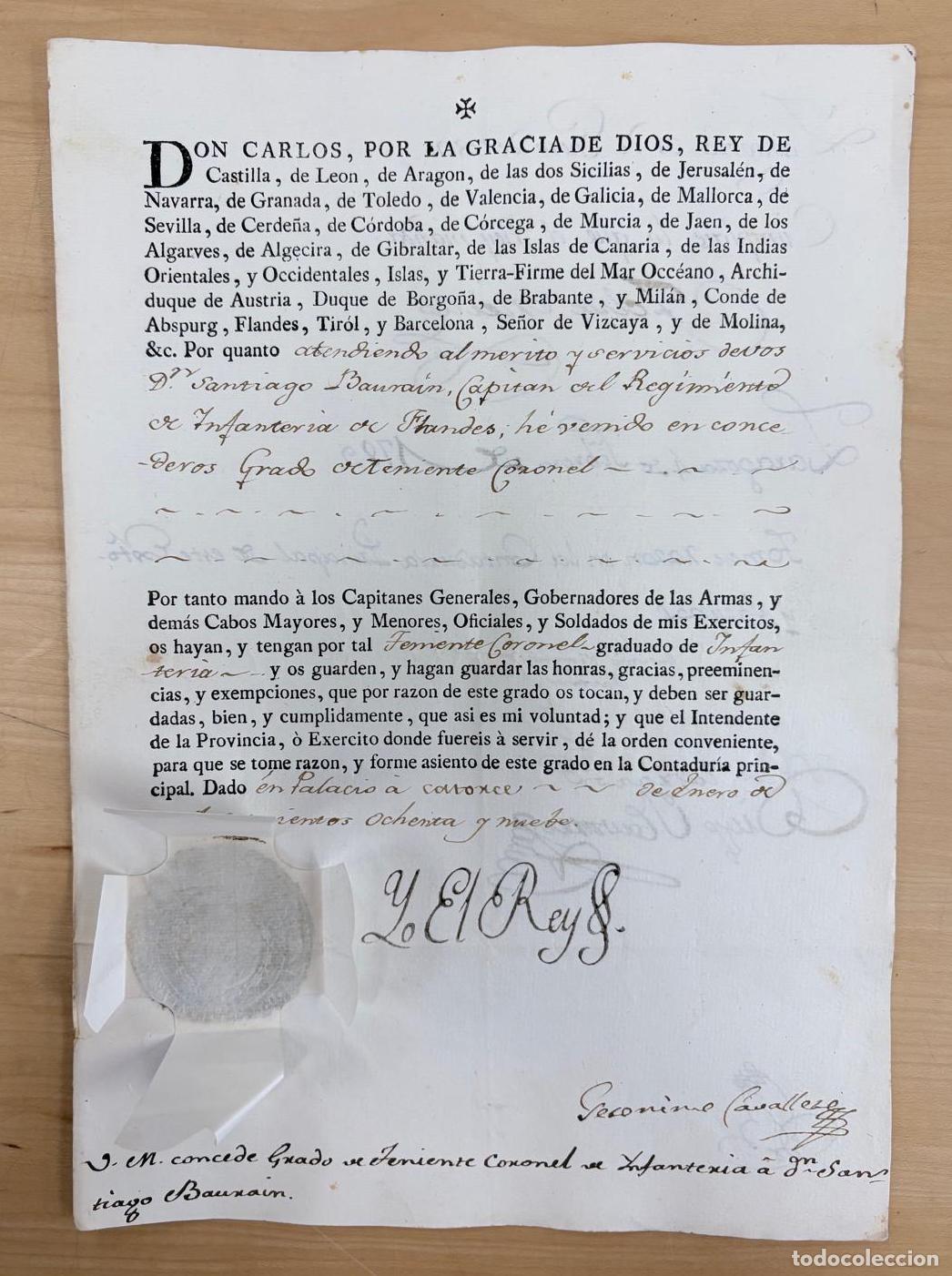Documentos antiguos: FIRMA REAL Y NOMBRAMIENTO A SANTIAGO BAURA&Iacute;N POR CARLOS VI, MADRID, 1789