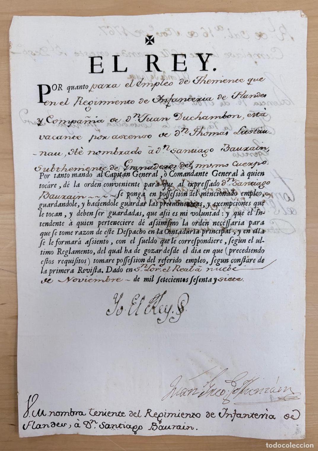 Documentos antiguos: FIRMA REAL Y NOMBRAMIENTO DE TENIENTE SANTIAGO BARRA&Iacute;N POR CARLOS III. SAN LORENZO, 1767