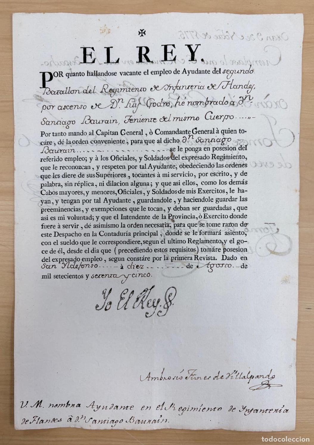 Documentos antiguos: FIRMA REAL Y NOMBRAMIENTO DE AYUDANTE A SANTIAGO BAURAIN. SAN ILDEFONSO, 10 DE AGOSTO DE 1775