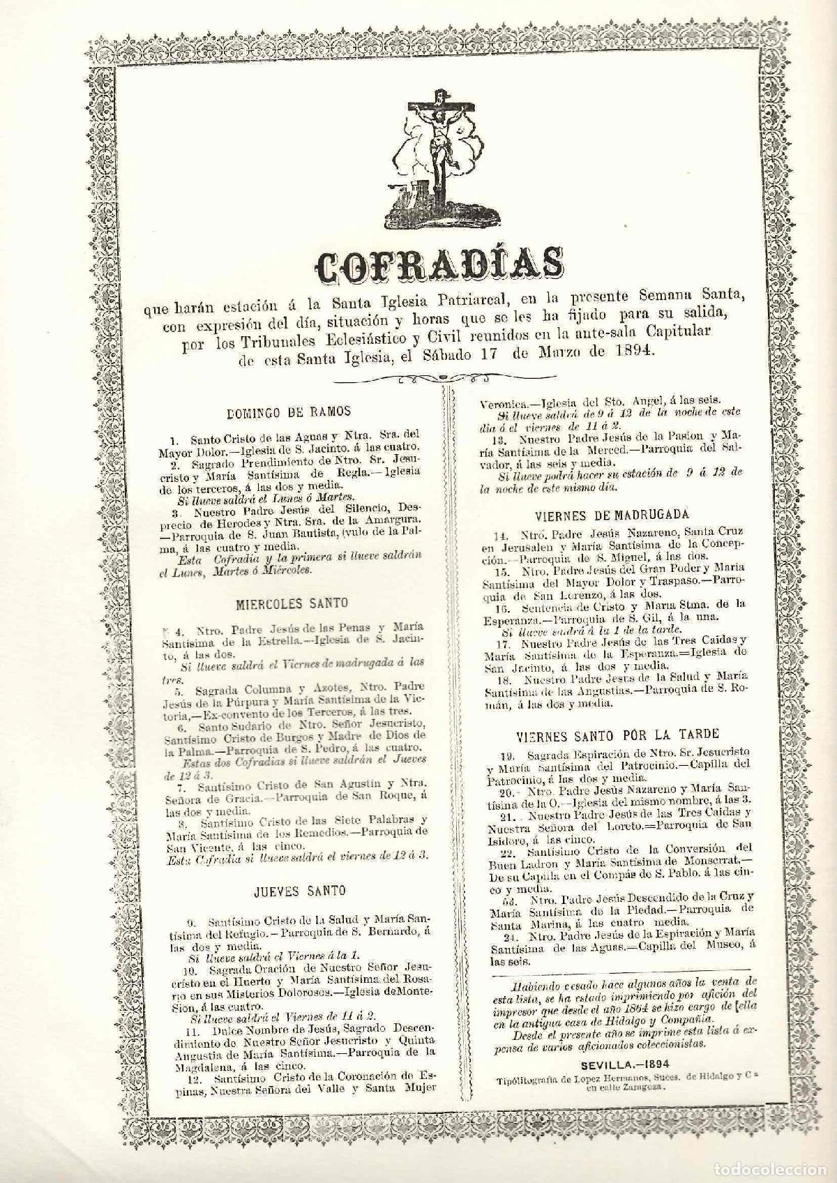 Documentos antiguos: NOMINA DE LAS COFRADIAS QUE HARAN ESTACION A LA SANTA IGLESIA PATRIARCAL DE SEVILLA. SEMANA SANTA