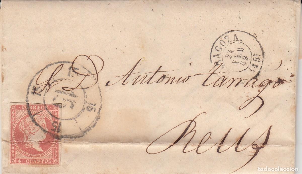 Documentos antiguos: 1859 - NUM. 48 - CARTA DE ZARAGOZA A REUS -RUEDA DE CARRETA Y FECHADOR