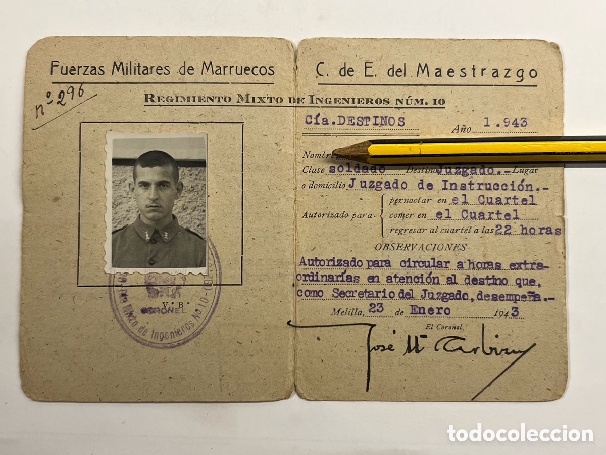 Documentos antiguos: FUERZAS MILITARES DE MARRUECOS. REGMMIENTO MIXTO DE INGENIEROS N&Uacute;M. IO