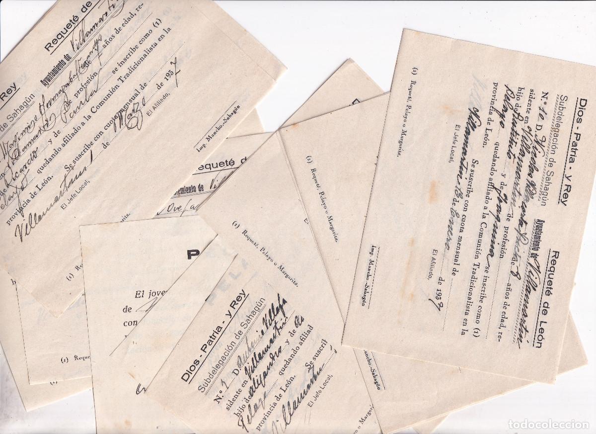 Documentos antiguos: 16 PAPELETAS DE AFILIACI&Oacute;N A REQUET&Eacute;S Y PELAYOS DE VILLAMART&Iacute;N DE DON SANCHO. LE&Oacute;N. 1937 FALANGE