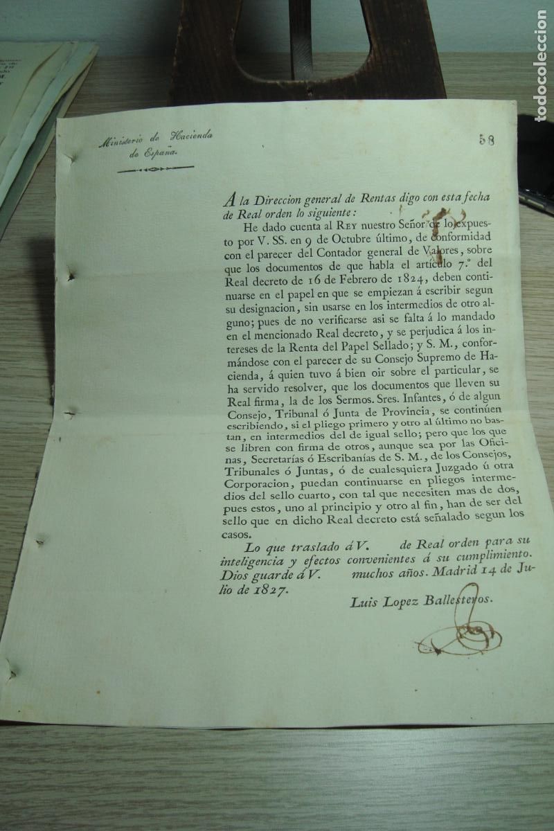 Documentos antiguos: REAL ORDEN RELATIVA A PAPEL SELLADO. MINISTERIO HACIENDA MADRID 1827. FIRMA LUIS LOPEZ BALLESTEROS.