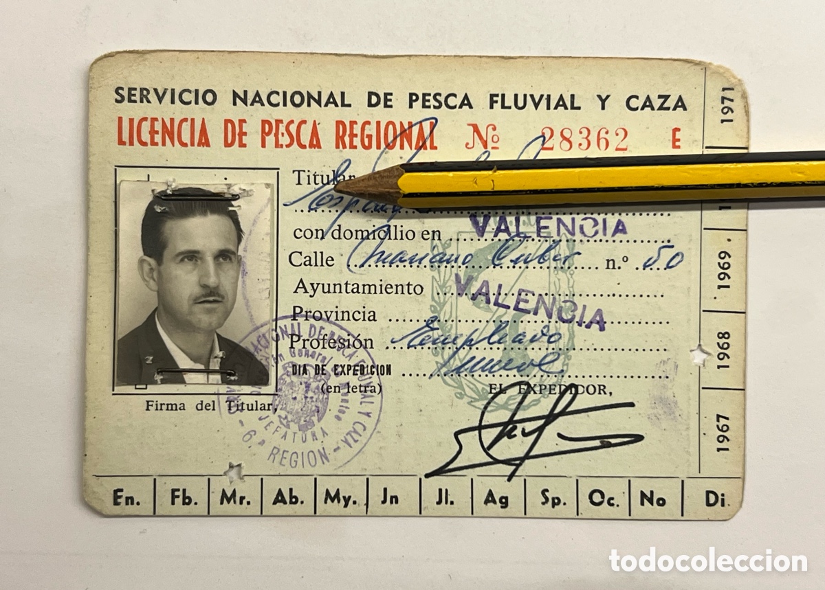 Documentos antiguos: VALENCIA. SERVICIO NACIONAL DE PESCA FLUVIAL Y CAZA. LICENCIA DE PESCA REGIONAL (a.1968)