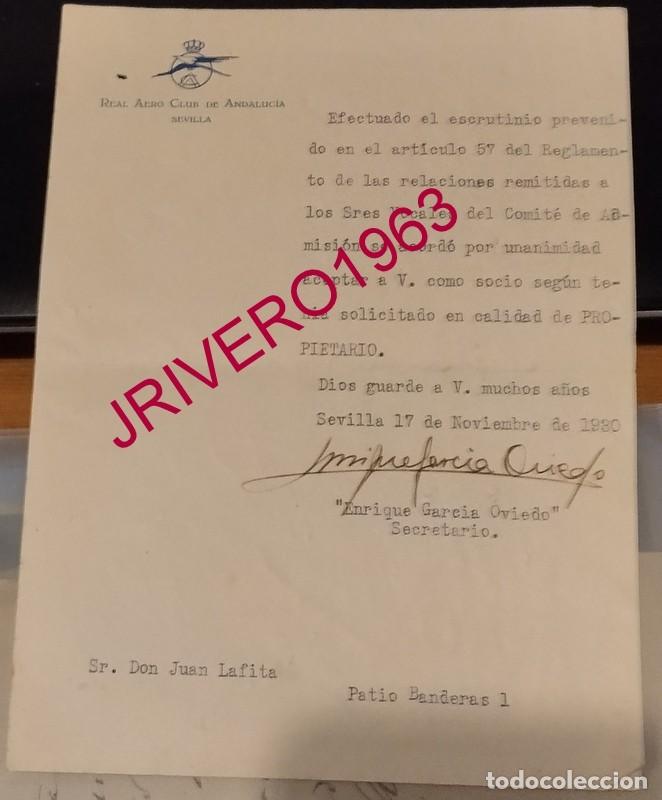 Documentos antiguos: SEVILLA, 1930, COMUNICACION ACEPTACION SOCIO PROPIETARIO , REAL AERO CLUB DE ANDALUCIA