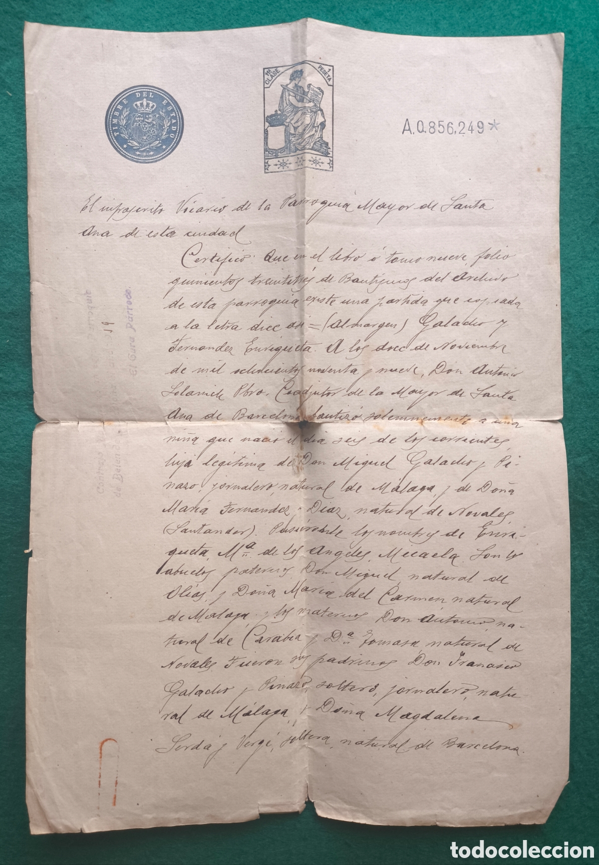 Documentos antiguos: F&Eacute; DE BAUTISMO PARROQUIA DE SANTA ANA BARCELONA 1919