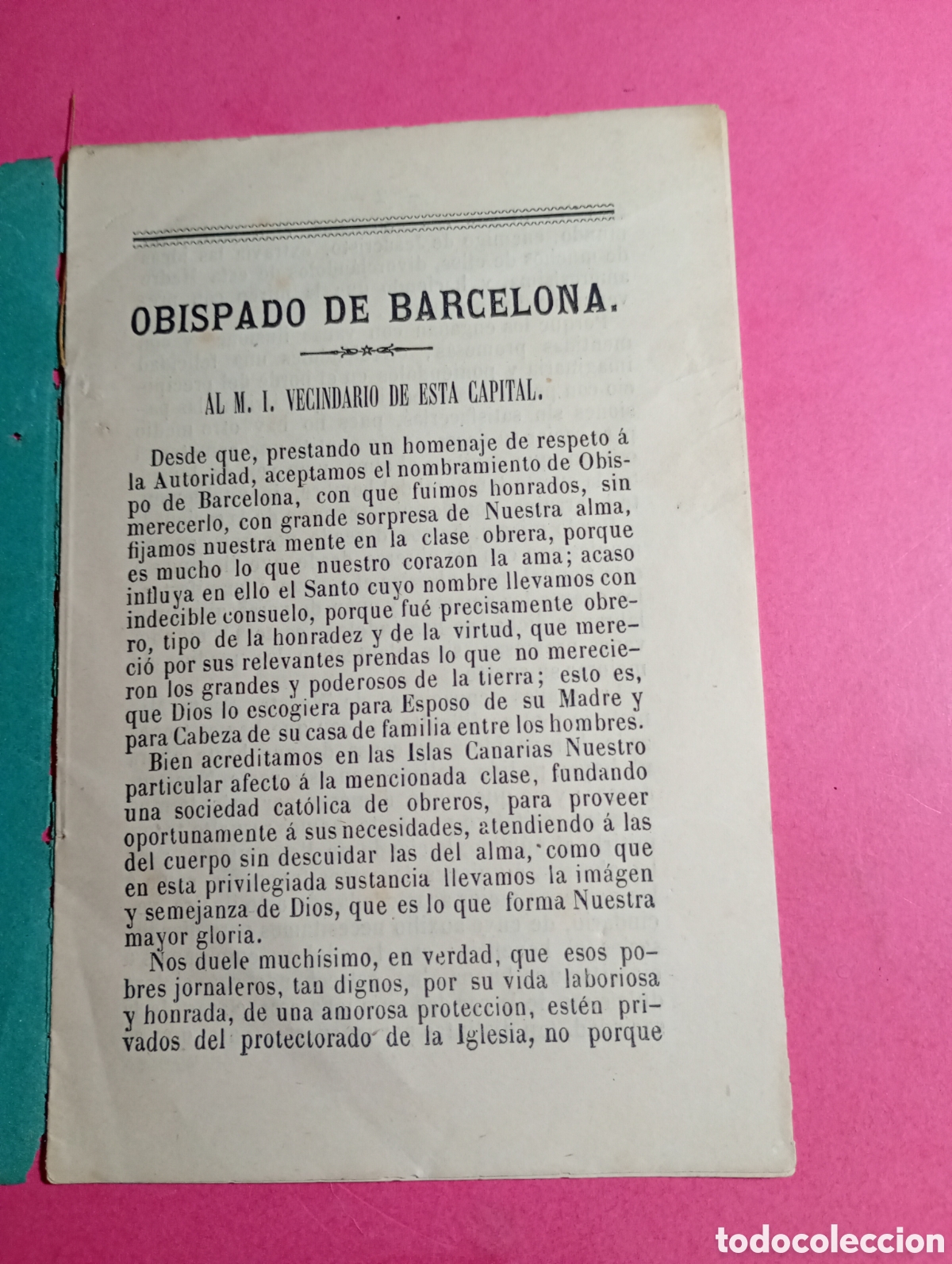 Documentos antiguos: Impreso 1879 Obispo Urquinaona: Asociaci&oacute;n Protectora Clase Obrera. Barcelona. Raro Iglesia Social.