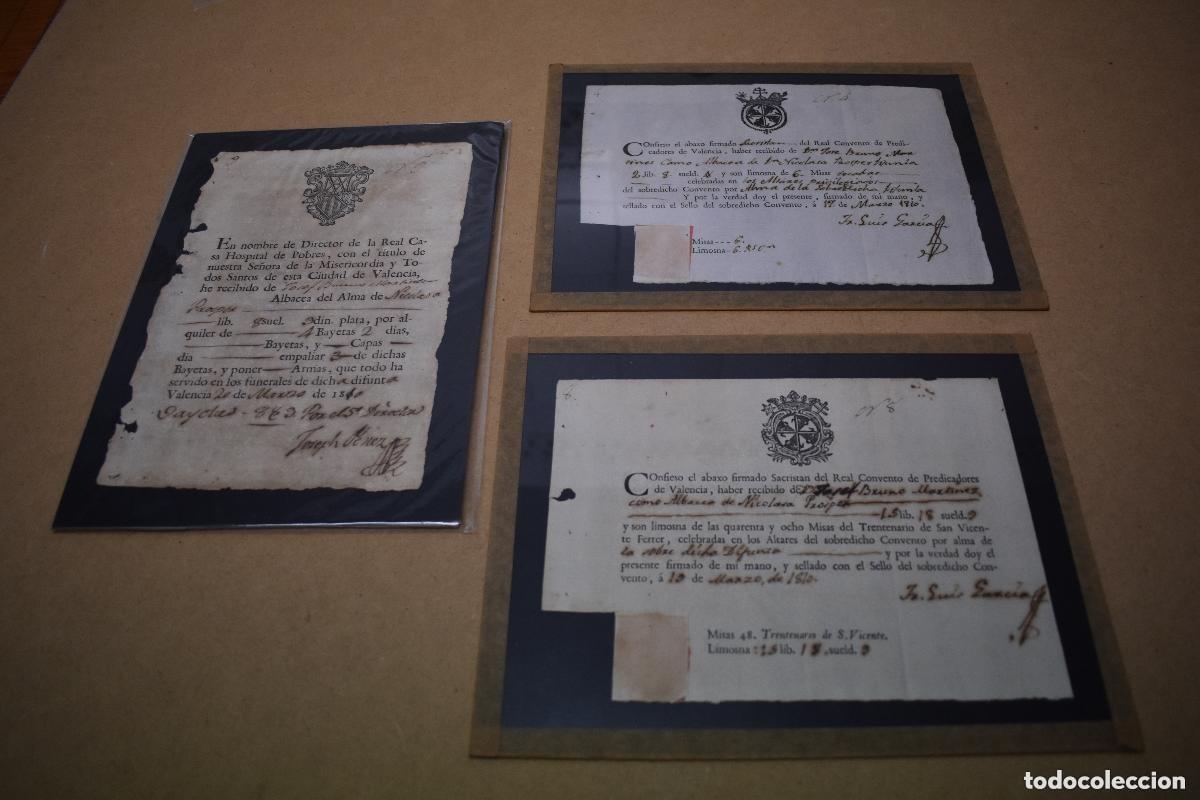 Documentos antiguos: 3 bonitos recibos de Misas y Funerales de Nicolasa Prosper (Valencia, 1810). En cuartillas.