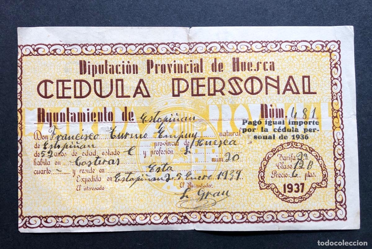 Documentos antiguos: C&Eacute;DULA PERSONAL IDENTIDAD A&Ntilde;O 1937 ESTOPI&Ntilde;&Aacute;N / HUESCA / REP&Uacute;BLICA ESPA&Ntilde;OLA