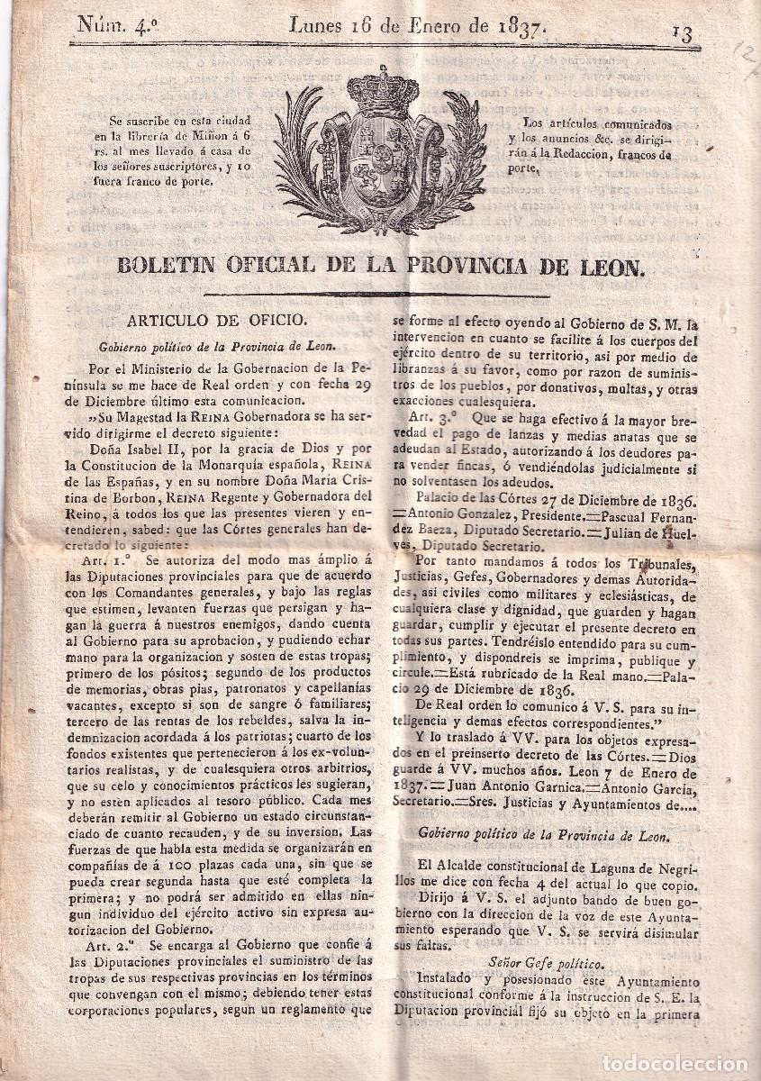 Documentos antiguos: BOLET&Iacute;N OFICIAL DE LA PROVINCIA DE LE&Oacute;N. N&ordm; 4. LUNES 16 ENERO 1837.