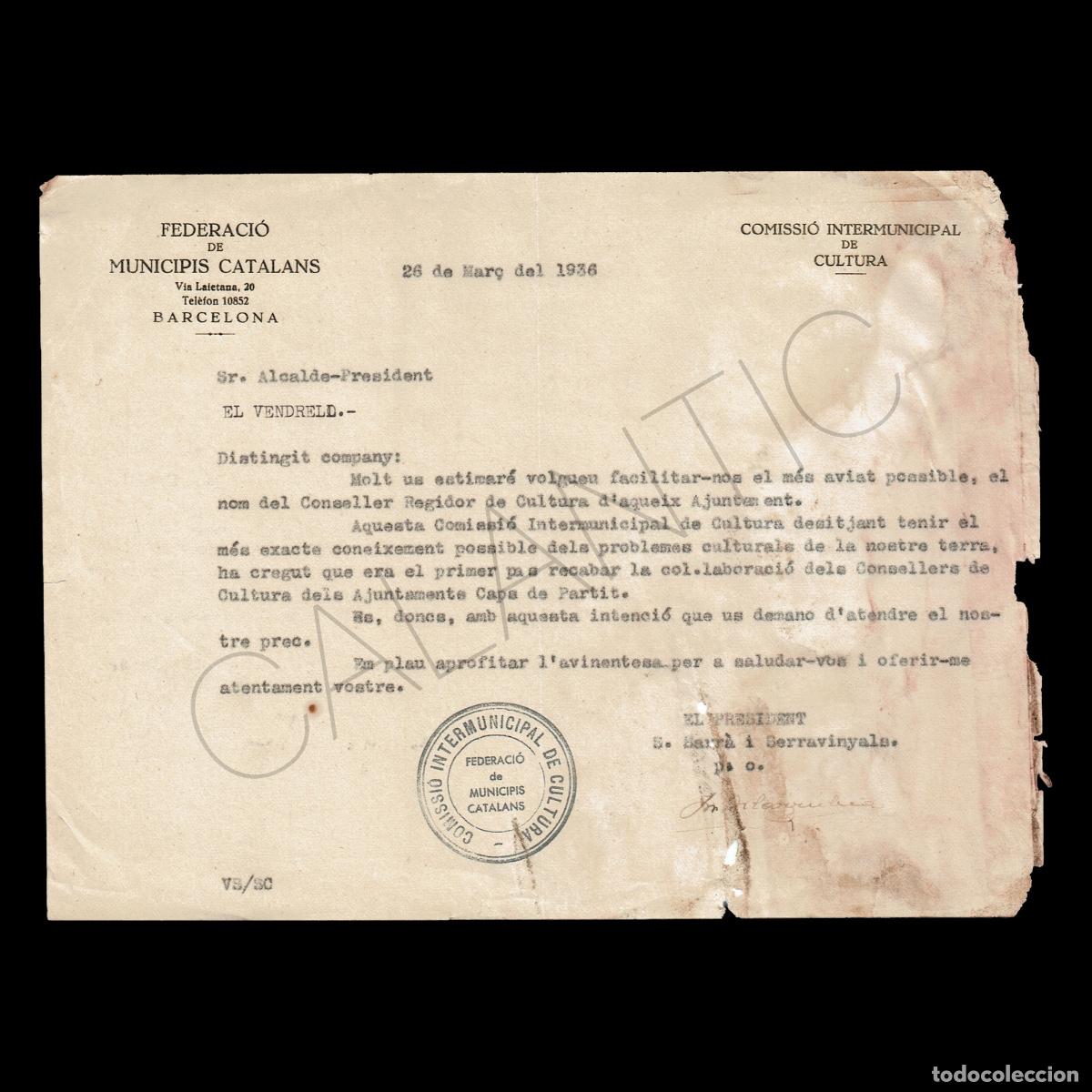 Documentos antiguos: Federaci&oacute; de Municipis Catalans &ndash; El Vendrell &ndash; Firma Salvador Sarr&agrave; i Serravinyals &ndash; Any 1936