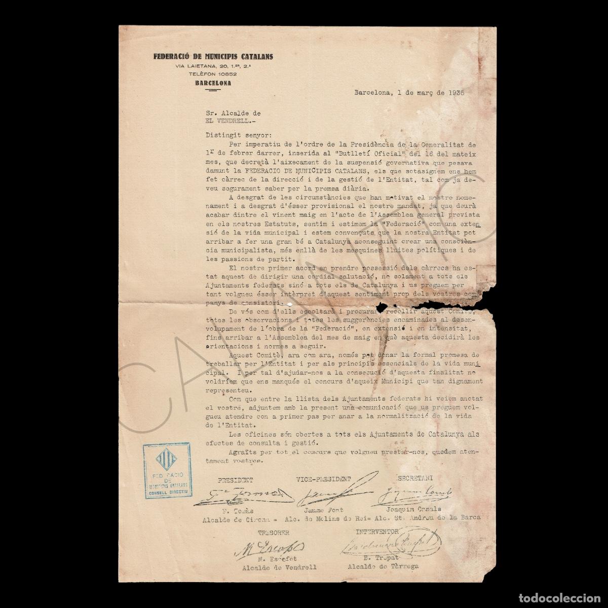 Documentos antiguos: Federaci&oacute; de Municipis Catalans &ndash; El Vendrell &ndash; aixecament suspensi&oacute; governativa &ndash; Any 1936