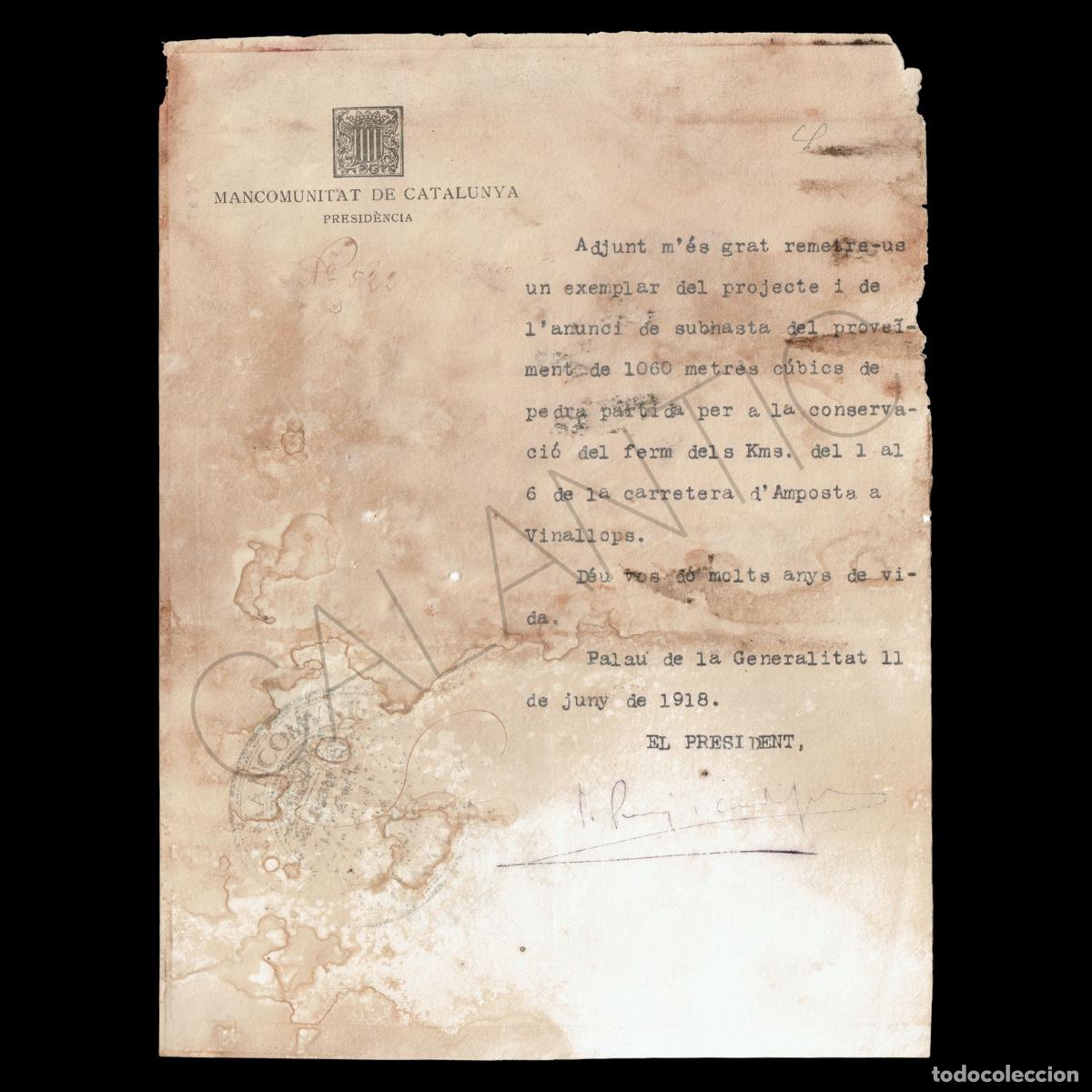 Documentos antiguos: Carta Mancomunitat de Catalunya &ndash; Firma President Puig i Cadafalch &ndash; Amposta Vinallops 1918 Ebre