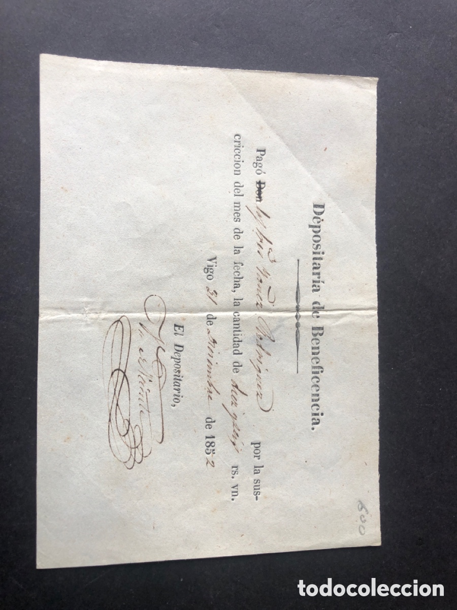 Documentos antiguos: Antiguo y raro documento Depositaria de Beneficencia VIGO 1852 Francisco Ya&ntilde;ez