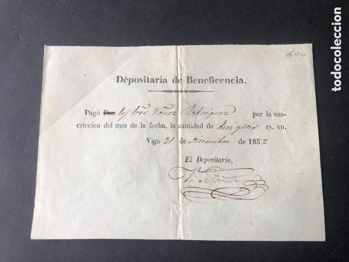 Documentos antiguos: Antiguo y raro documento Depositaria de Beneficencia VIGO 1852 Francisco Ya&ntilde;ez