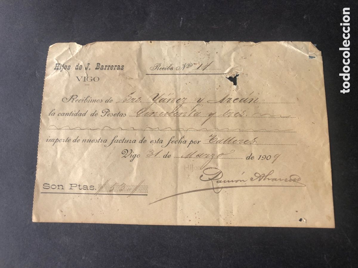 Documentos antiguos: Antiguo y raro recibo de pago Hijos de Barreras VIGO por Ya&ntilde;ez y Arean