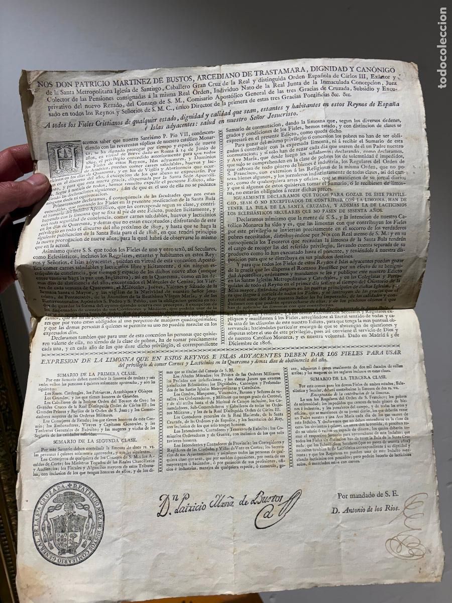 Documentos antiguos: Bula Santa Cruzada 1806 Madrid &ndash; Documento eclesi&aacute;stico original con firmas y sello Carne cuaresma