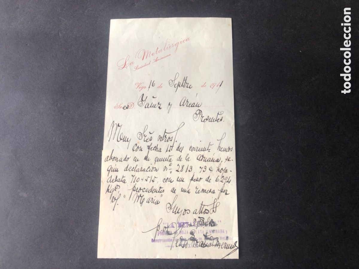 Documentos antiguos: Antiguo y raro recibo de pago LA METALURGICA VIGO dirigido a Ya&ntilde;ez y Arean