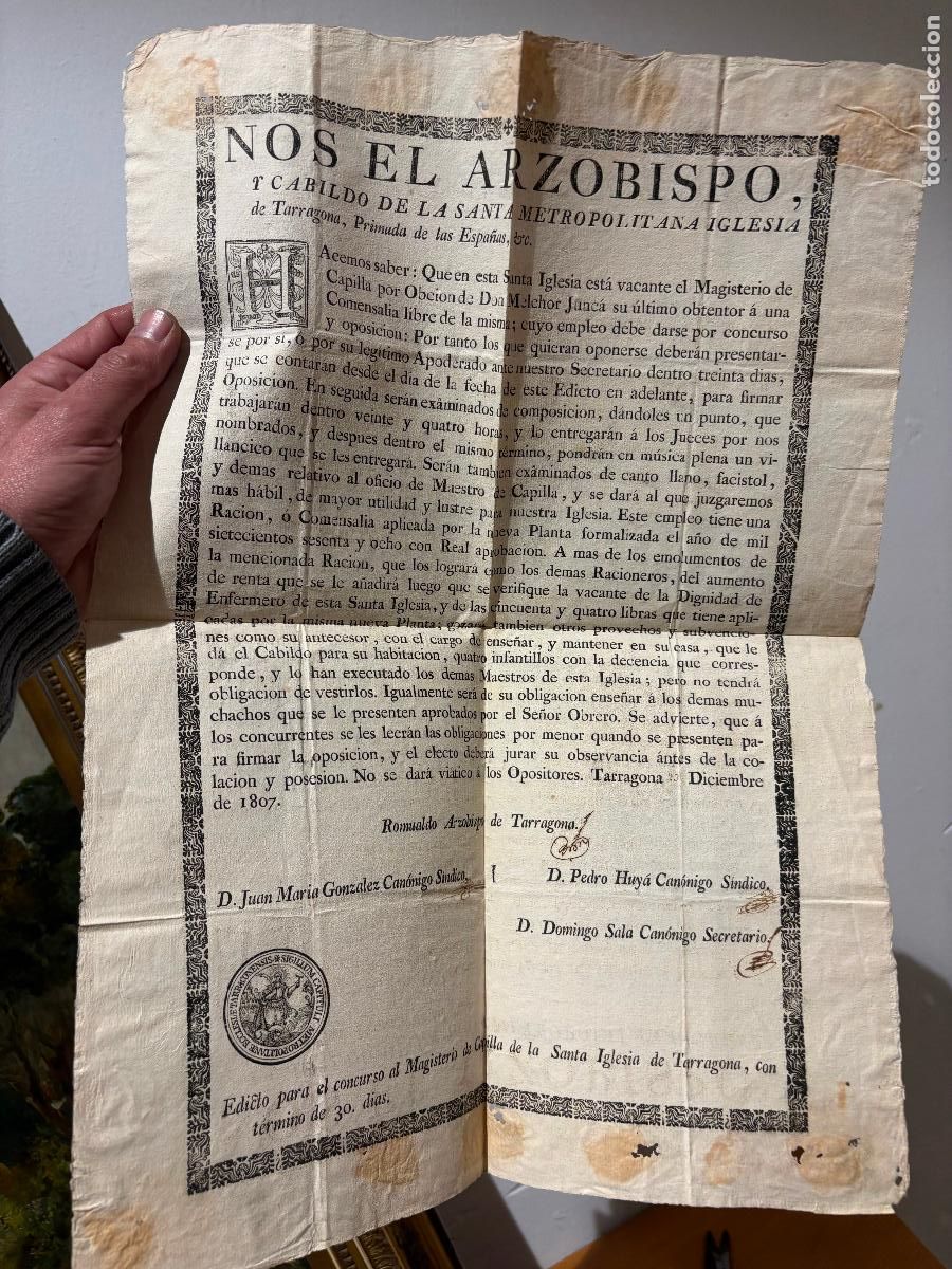 Documentos antiguos: Documento antiguo 1807 &ndash; Arzobispo de Tarragona &ndash; Edicto oficial con sello